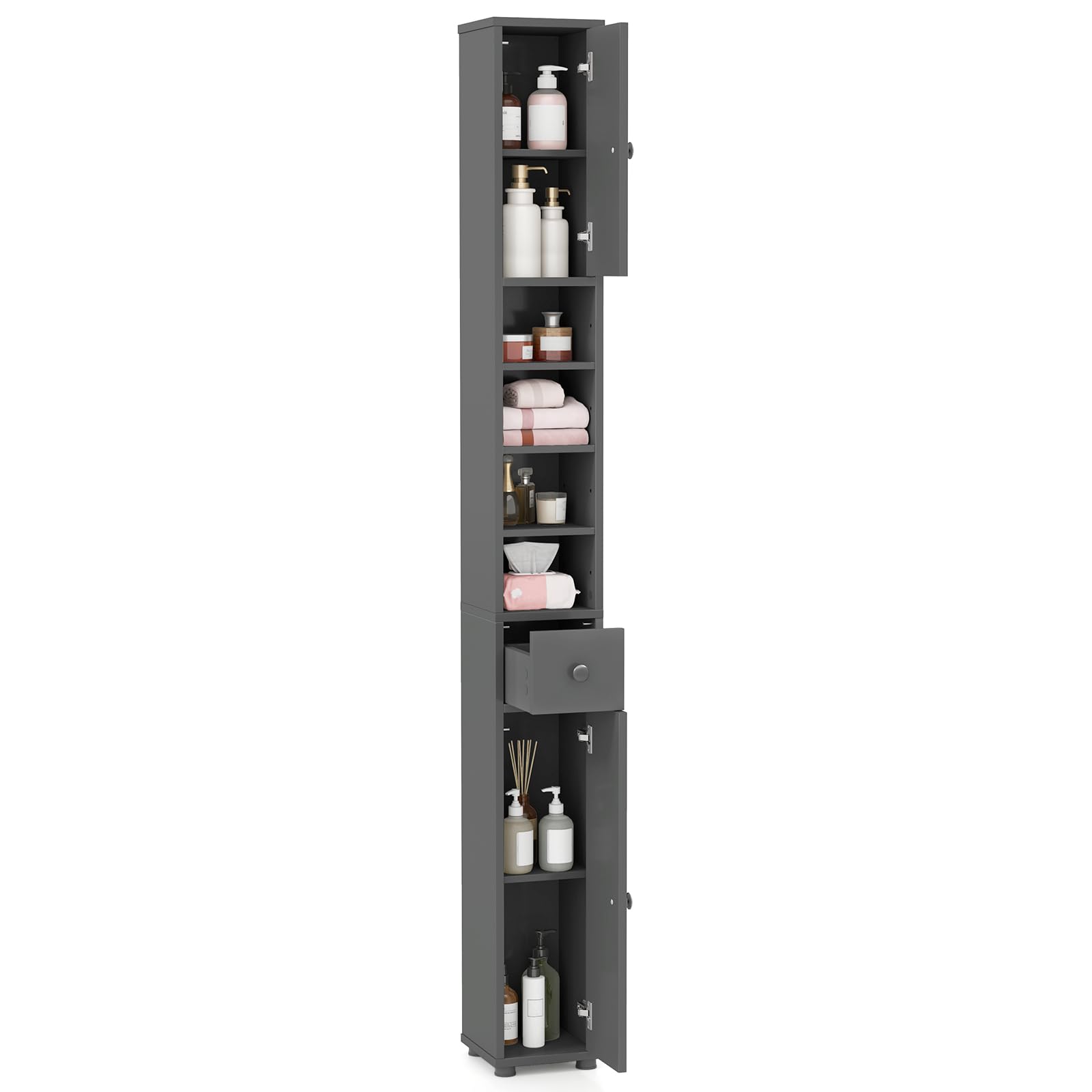 LDAILY Slim Storage Cabinet - 71" Tall Skinny Organizer With Drawer, Doors & Adjustable Shelves For Small Spaces