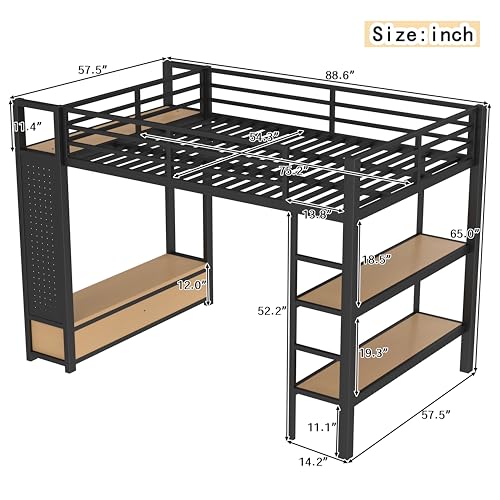 Image of Bellemave Full Size loft Bed with Wardrobe and Storage Shelves and Pegboard Drawers, Metal Full Loft Bed Frame for Adults, Kids, Teens, Black