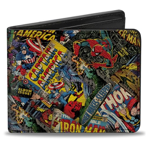 Buckle-Down Mens Marvel Comics Hinged - Retro Marvel Comic Books Stacked Bi Fold Wallet, Multicolor, One Size US
