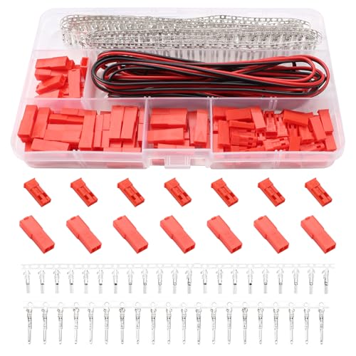 YIXISI 60 Sets 360 PCS 2.5mm Pitch JST-SYP 2-Pin Connector Kit, JST SYP Female & Male Red Plug Housing Crimp Terminal Connector Kit, with 4m 22AWG 2 Circuits Cable