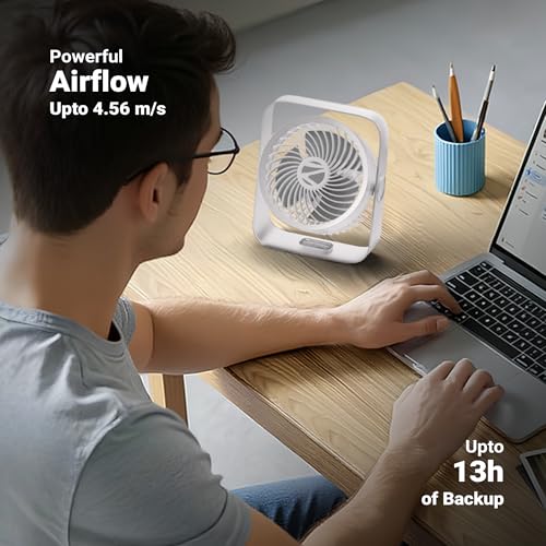 Image of Zebronics Heat Buster 300, Portable Desk Fan, Upto 13h Backup, 3600mAh Rechargeable Battery, 360 Rotatable fan, 4 Speed + 1 Breeze Mode, Wall-Mountable, for Travel, Office, Home (White)