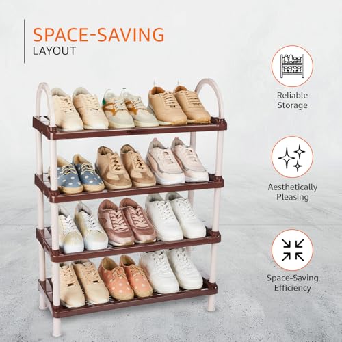 Image of Amazon Basics Multipurpose Plastic Shoe Rack | Durable, Space-Saving & Easy to Assemble Organizer | Brown (Large, 65.7 cm x 27.5 cm x 83 cm)