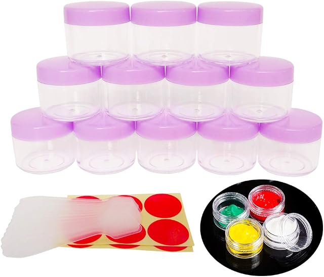 GreatforU 12pcs 20 Gram 20ml Small Empty Sample Jars, Refillable Cosmetic Container, Plastic Round Pot PURPLE Screw Cap Lid, Tiny 20g Bottle Travel Size for Makeup Eye-shadow Nails Salves Ointments