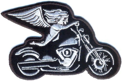 White Biker Angel On Motorcycle Patch, Biker Patches