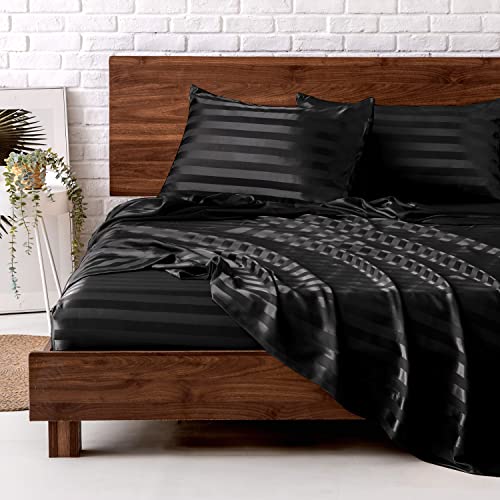 Image of MR&HM Satin Bed Sheets, Queen Size Sheets Set, 4 Pcs Silky Bedding Set with 15 Inches Deep Pocket for Mattress (Queen, Black Striped)