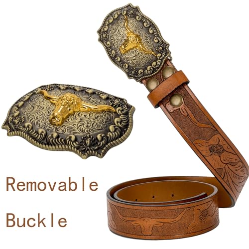 Image of UTOWO Rodeo Western-Longhorn-Bull Cowboy-Belt for Women-Men Bull-Floral-Embossed PU-Leather Cowgirl Waist Belt for Jeans