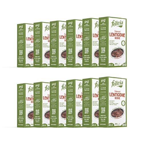Felicia, Sedanini di Lenticchie Rosse, Pasta di Legumi Naturale e Biologica, Ricca Fonte di Fibre, di Proteine Vegetali e di Sali Minerali, Senza Glutine, Box da 12 Confezioni