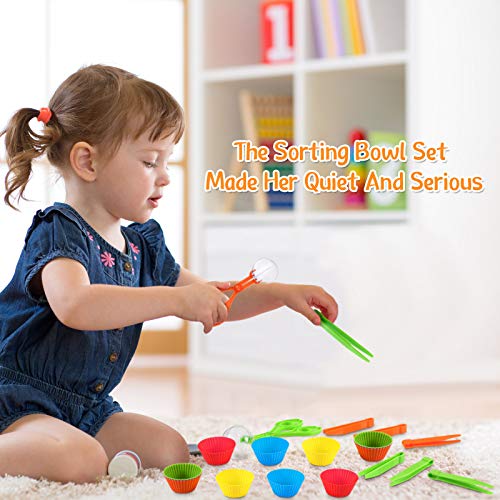 20-Pieces-Fine-Motor-Skills-Handy-Scooper-Set-Include-8-Tweezers-2-Jumbo-Scissors-Clip-and-10-Assorted-Colors-Sorting-Bowls-for-Children-Age-Over-5-Early-Skill-Development-and-Counting-Training-Toy