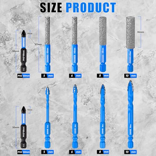 ZNXIMER Tile Drill Bits Set for Ceramic, Porcelain, Glass, Marble, Tile, Granite, Stone and More - 10pcs Diamond Drill Bit for Efficient, Precise Drilling and Milling 2 ZNXIMER Tile Drill Bits Set for Ceramic, Porcelain, Glass, Marble, Tile, Granite, Stone and More - 10pcs Diamond Drill Bit for Efficient, Precise Drilling and Milling - Image 2