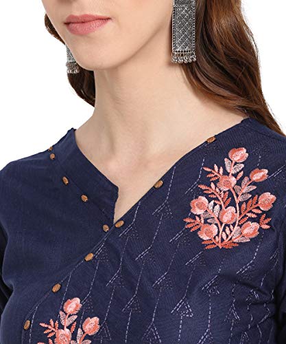 Image of EthnicJunction Women's Cotton Blend Floral Embroidered Straight Kurti (Royal Blue)