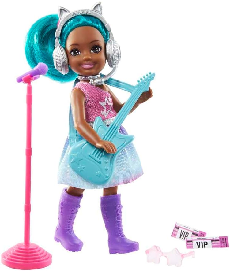 Chelsea Can Be Playset with Brunette Chelsea Rockstar Doll (6-in), Guitar, Microphone, Headphones, 2 VIP Tickets, Star-Shaped Glasses, Great Gift for Ages 3 Years Old & Up