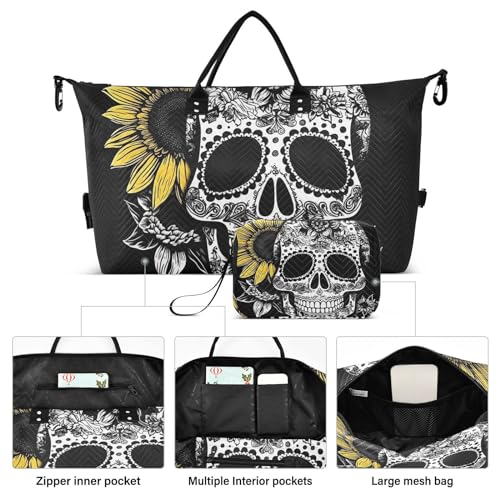 Large Travel Duffel Bag, Yellow Sunflower and Skull Sports Tote Gym Bag, Shoulder Weekender Overnight Bag for Women Men, Carry On Luggage with Toiletry Bags2