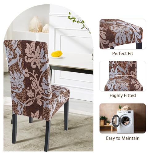 Image of SearchI Dining Room Chair Covers Set of 4, Stretch Printed Parsons Chair Slipcovers Removable Washable Kitchen Chair Protector Cover for Dining Room, Hotel, Ceremony (Brown+Flower)