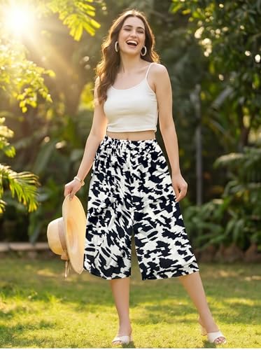 Image of THUMBA Women's Printed Poly Rayon Palazzo Pants | Wide Leg Culottes | Floral & Butterfly Print | Elastic Waist | Casual & Ethnic Wear | S M L XL 2XL 3XL