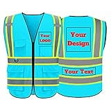 evershare Custom Blue Reflective Safety Vest Customize Logo with 5 Pockets and Zipper High Visibility Vest Work Safety Vest, Blue-logo, XX-Large
