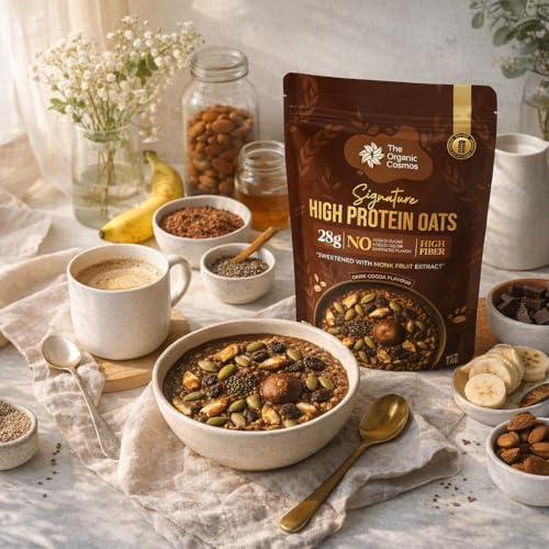 Image of The Organic Cosmos Signature High Protein Oats | 28g Protein | No Added Sugar | Dark Cocoa Flavour | Gluten Free | High Fiber | Sweetened with Monk Fruit Extract | 1kg