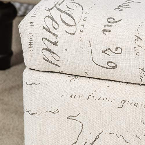 Adeco Fabric Script Pattern Cube Storage Footstool, Hinged Lid, Solid Wood Legs, 18" Height Ottomans & Storage Ottomans, Cream White #TOP3