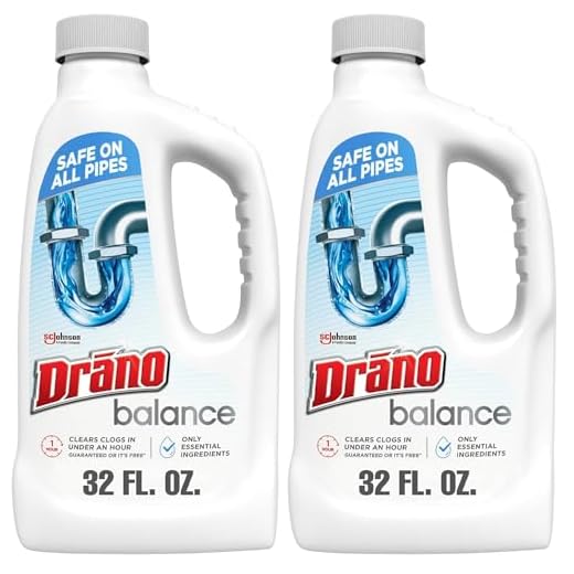 Drano Drain Clog Remover, Non-Corrosive Formula, 32 Fl Oz, Pack of 2 | Safe on All Pipes | Essential Ingredients