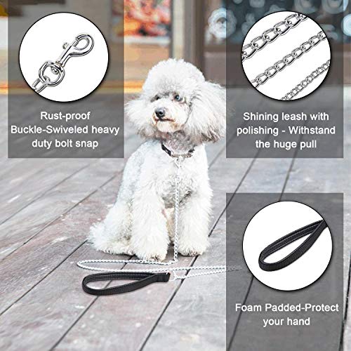 PETTOM Hundeleine Stark Metall Kettenleine, Übungsleine mit PU Leder und Gepolstertem Nylon-Griff, Trainingsleine Für Kleine Mittlere und Große Hunde (S: 0.2cm*180cm) Silber