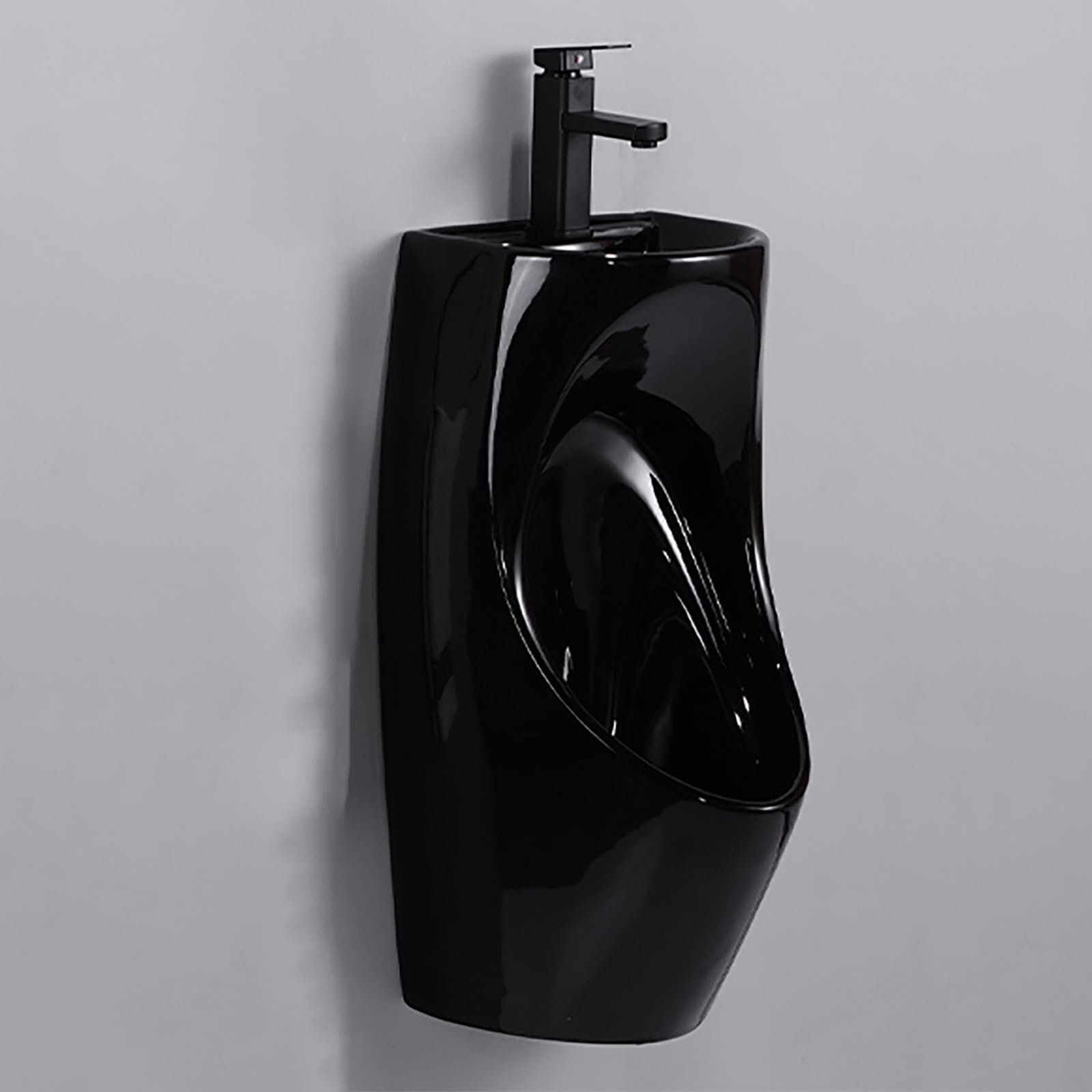 Slish Czarny porcelanowy pisuar męski z kranem i uchwytem ściennym - idealny do łazienki, KTV, baru, hotelu - trwały i stylowy do użytku domowego i komercyjnego