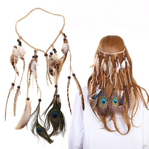 FangBoJie Indianer Kostüm Damen, Pfau Kostüm Damen, Hippie Boho Haarband Haarschmuck, Hippie Indianerschmuck Stirnband, Pfau Haarschmuck Indianer StirnbäNder Federn Boho...