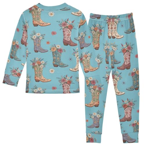 Pajama Sets Long Sleeve Cowboy Boots Floral Blue Pattern Soft Comfy Sleepwear 2 Piece PJS 3-8T3