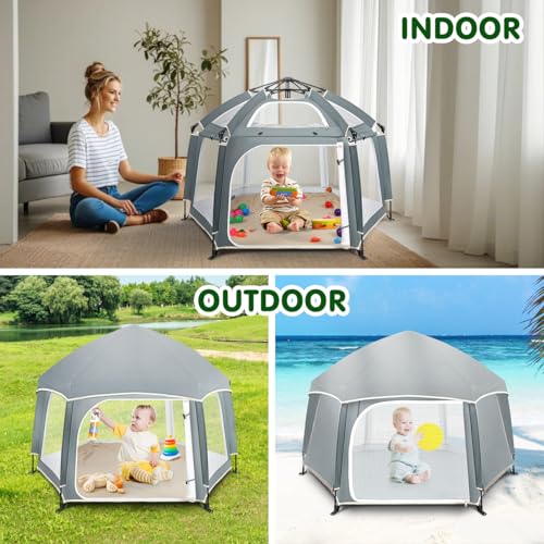 Image of Pop Up Playpen for Baby, 150*100 cm(L*H) Playpen for Babies and Toddlers with Removable Sun-Shades& 2 Side UV Covers, Lightweight Outdoor Baby Play pen for Beach Home with Travel Bag,Light Gray