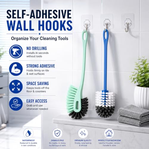 Image of PulGos 7-in-1 Bathroom Cleaning Kit | 2 Toilet Brushes-Hockey & Round Style | with 3 Self-Adhesive Wall Hooks & 2 Steel Scrubber Pads | Washroom's Deep Cleaning Brush Set for Western & Indian Toilets