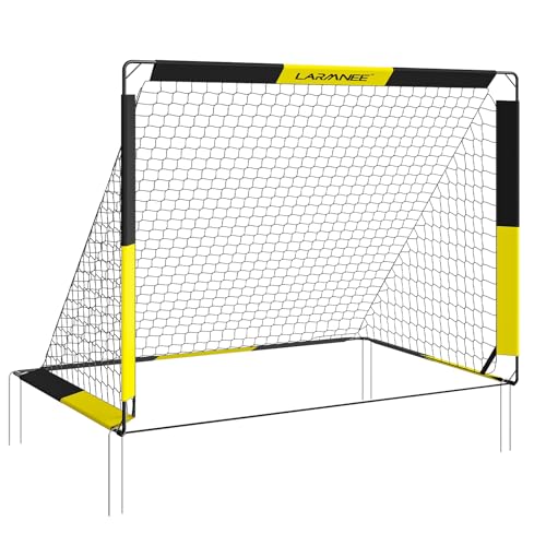 LARMNEE Portería de Fútbol para Niños, Entrenador de Portería de Fútbol, Plegable y Portátil, 2 en 1 con Pared, 5 Agujeros de Tiro, con Bolsa y Clavijas, para Exteriores, Negro y Amarillo EBY120FG02
