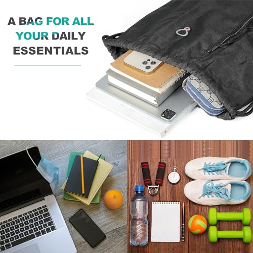 Image of BeeGreen Mix Black Drawstring-Backpack-Gym-Bag, Large Sports Bag For Women W Water Bottle Pocket &Front Zippered Pocket, String Sackpack For Traveling Yoga Beach Outdoor