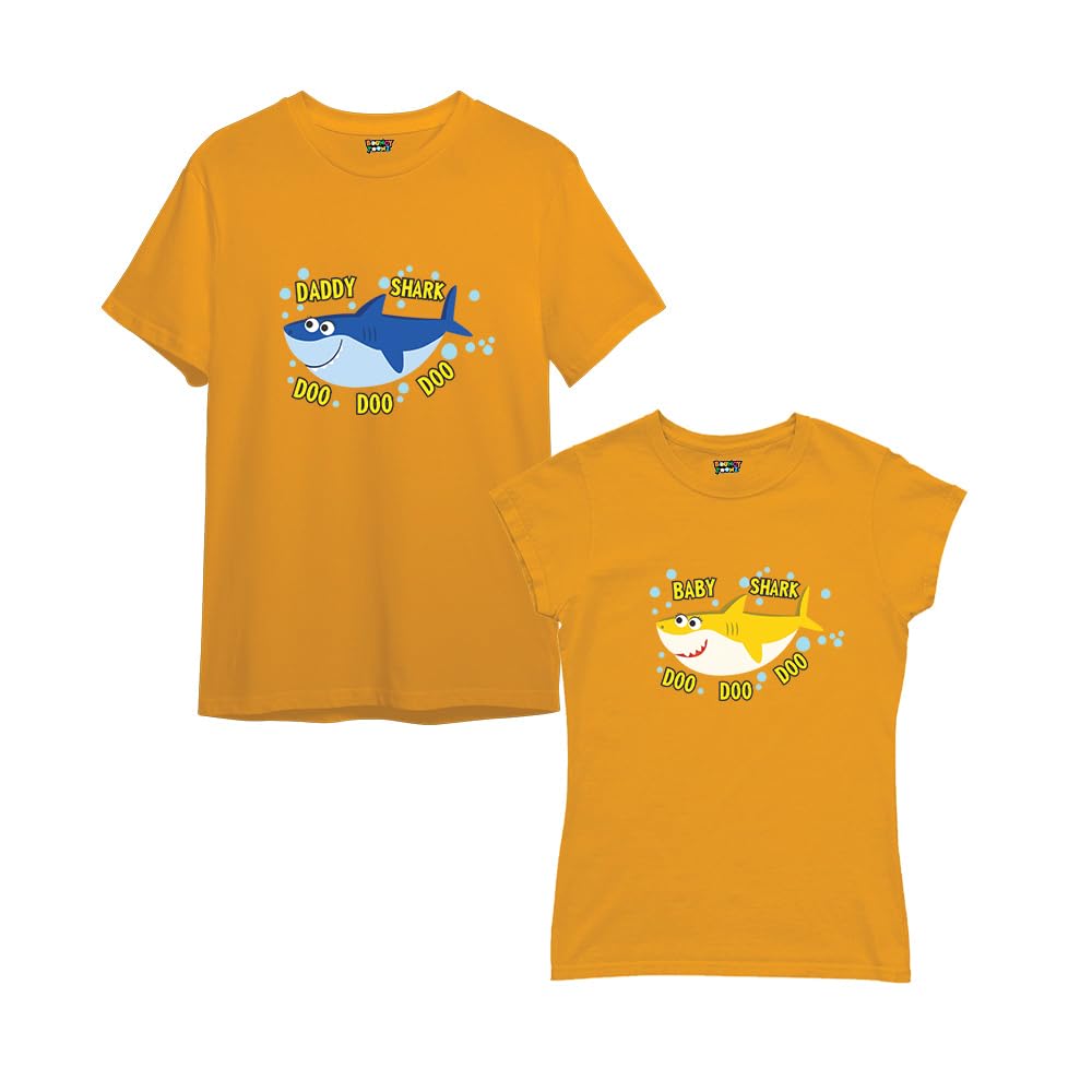 Bouncy ToonzDad Daughter T Shirts Matching Twinning Dress Regular Fit Cotton Round Neck Half Sleeve (cus-Dad Daughter-Shark)