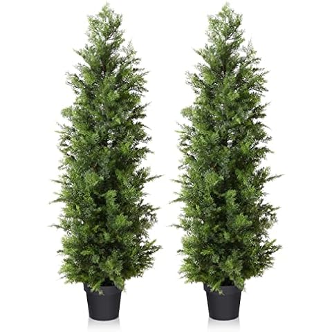 Fopamtri Artificial Plant Cedar Fake Plant 150 cm / 5 ft Artificial Plants Large in Pot Plastic Plant Cedar Conifer UV Protected Outdoor Garden Hallway Balcony (Pack of 2) Cover
