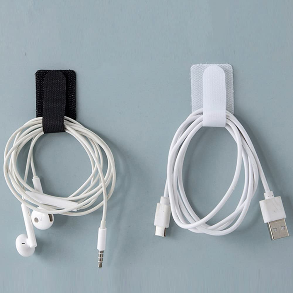 4ever 20Pcs 3M Adhesive Wire Organizer Cord Organizers Adjustable Hook & Loop Cable Clips Cable Ties Cord Wrappers Keeper Cord Holder Straps, Office Desk Management (Black+White). (Wire Organizer001)