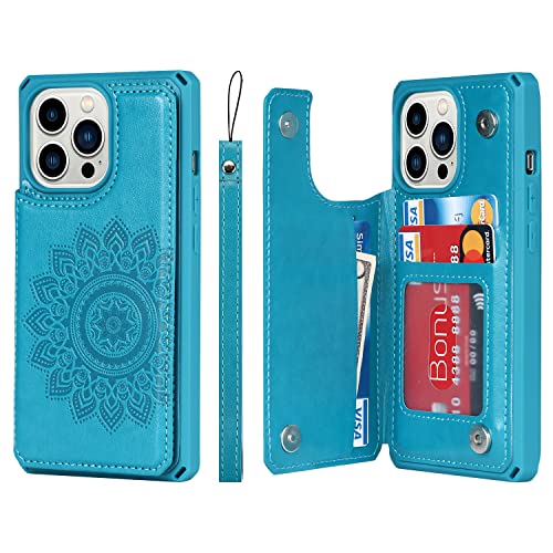 Coque en cuir iPhone 13 Pro antichoc avec porte-carte et cordon
