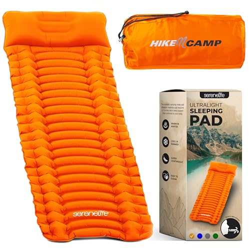 SereneLife Camping Mattress, 2.7" Backpacking Inflatable Air Mattress for Camping, Waterproof Lightweight Sleeping Mat with Carry Bag, Tear-Resistant Nylon for Hiking, Travel, Outdoor, Orange