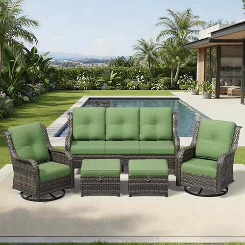 Image of Joyside 5 Piece Wicker Patio Furniture Set, Outdoor Swivel Rocker Patio Chairs with High Back, Deep Seating, Wide Armrest, Thickened Cushions, Outdoor Furniture for Deck, Porch Use