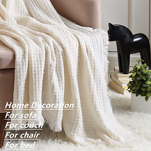 CREVENT Knitted Throw Blanket 50''X60'' Off White Ivory Cream - Image 6
