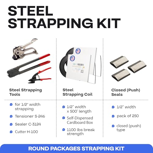 Image of IDL Packaging - B.SSK.12.500 1 /2 inch x 500' Steel Strapping Kit, 1100 lbs. Break Strength - Include Consumables for up to 250 Strapping Cycles