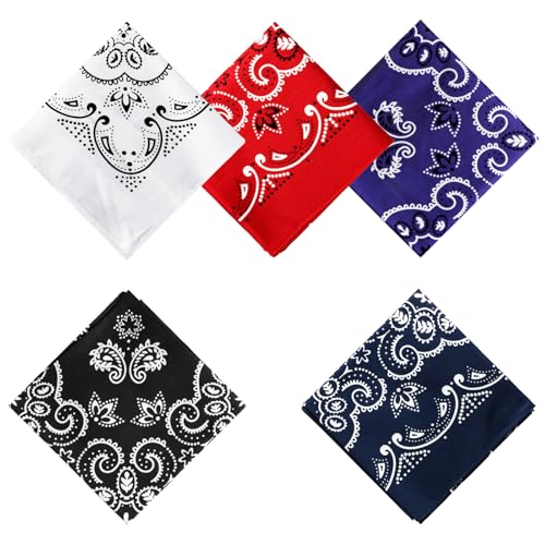 KUWAN Lot de 5 bandanas carrés 100% coton, 70 x 70 cm, pour homme et femme, multicolore, Taille unique