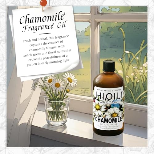 Image of HIQILI Chamomile Fragrance Oil for Candle, Soap Making - 5.07 Fl Oz | Use in Essential Oil Diffusers, Add to Body Lotion, Laundry Dryer Balls, Long-Lasting Scent, Graduated Dropper Included