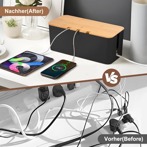 HOMIKLSA 3 Stück Kabelbox Schwarz,Kabelmanagement box für Kabel mit Bambusdeckel,Kabel Organizer zum Verstecken von Kabeln Organisieren von Computerverkabelung und Losen Kabeln