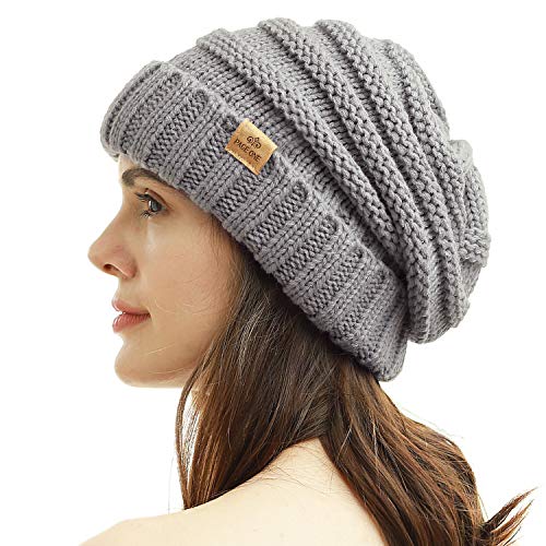 PAGE ONE Womens Winter Beanie Warm Cable Knit Hat Style Stretch Trendy Ribbed Chunky Cap Light Gray