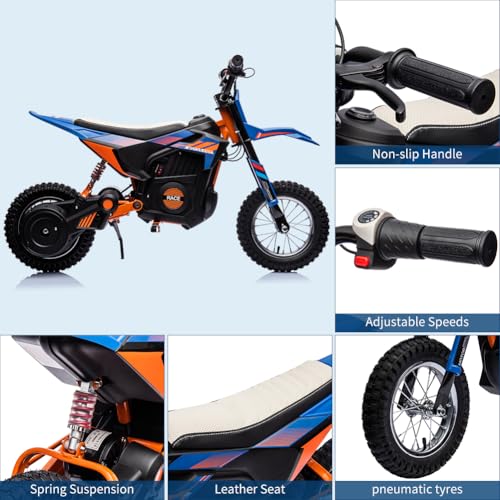 Image of Garvee 24V Kids Electric Off-Road Motorcycle, Ride on 250W Motor 13.6MPH | Fast Speed Dirt Bike, Leather Seat, Twist Grip Throttle, Metal Suspension, Air-Filled Tires for Kids Teens Riding Toy, Blue
