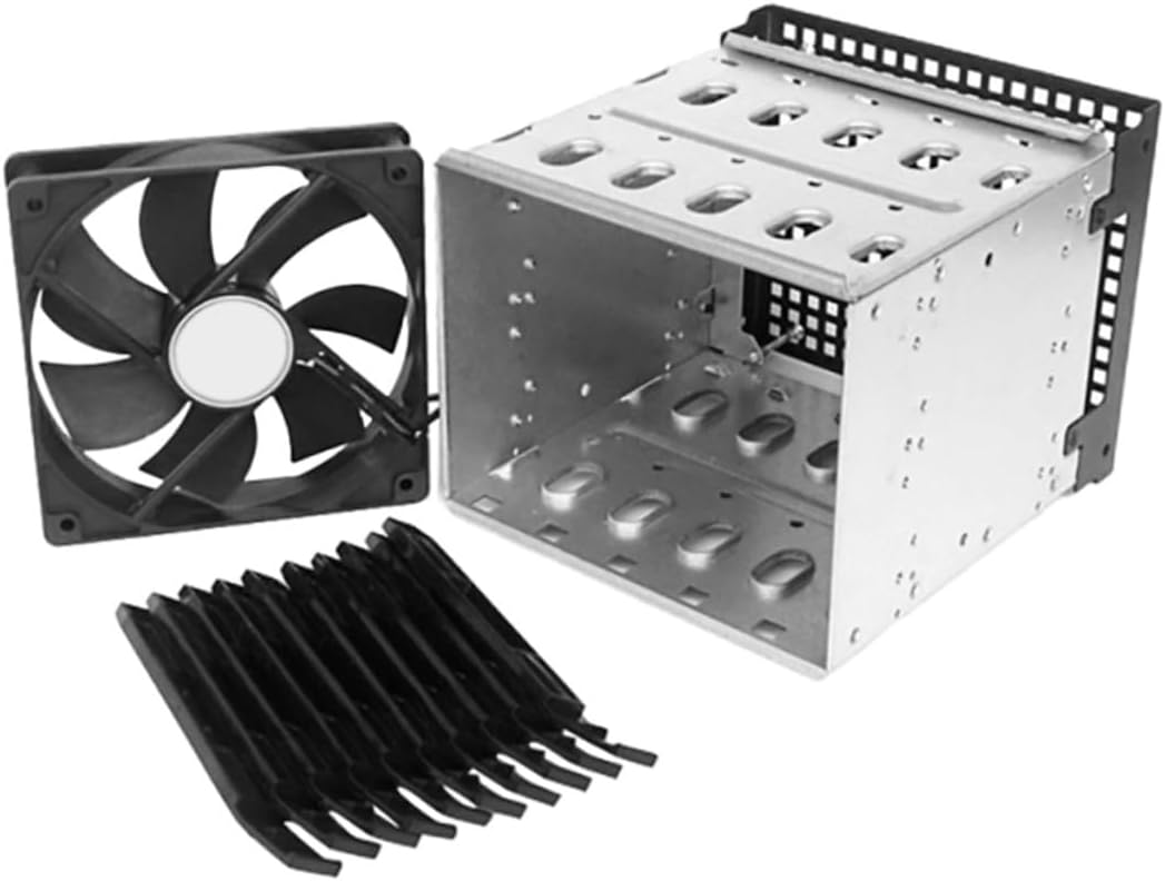 5-inch Hard Disk Cage with Fan, 5-Bay Hard Drive Bracket for Desktop Pc, 5.25-inch Drive Bay Mounting Rack for HDD Storage and Cooling, Compatible with Chia Mining and Computer