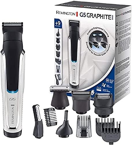 Remington trymer do brody i ciała, multigroomer, wielofunkcyjny 9w1, regulowany grzebień 2-20mm, grzebień 1.5mm i 3mm, trymer do nosa i uszu, golarki do ciała, nakładka foliowa, Graphite G5 PG5000