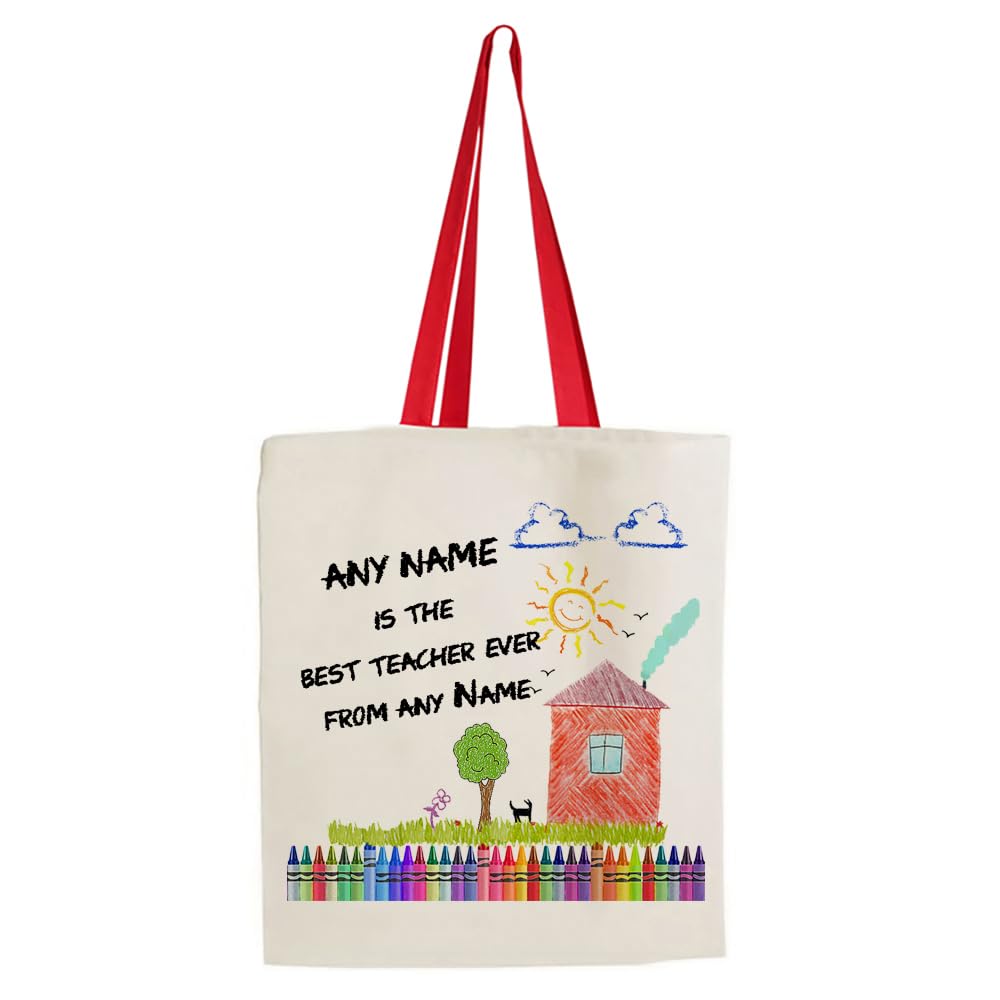 Getagift Teachers Gift, Personalised World Best Teacher, Crayons Gift Reusable Bag, Shopping Bag, Tote Bag. (Red Handle)
