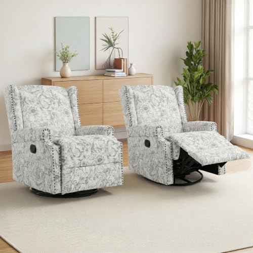Image of Swivel Rocker Recliner Chairs Set of 2, 360 Swivel Wingback Recliner Chairs for Adults, Upholstered Glider Rocking Chair with High Back, Deep Seat for Living Romm Bedroom, Rococo Light Gray