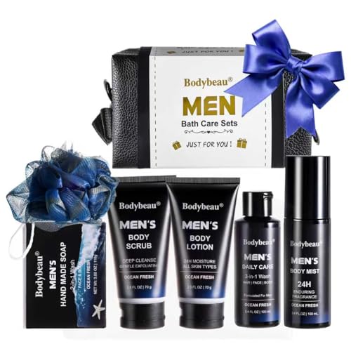 Men's Bath and Body Spa Gift Set - 7-Piece Kit with 3-in-1 Shower Gel, 2-in-1 Handmade Soap and...