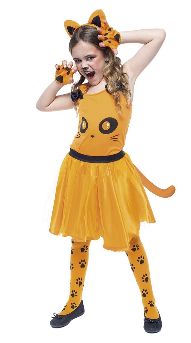 Rubies Gatita Naranja para niñas, Top con falda tutú, medias, guantes y diadema, Oficial de Rubies para Carnaval, Navidad, Cumpleaños, Fiestas y Halloween