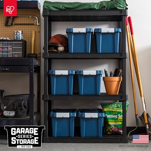 Image of IRIS USA 5 Gallon Eco-Friendly Lockable Storage Bins with Lids, 6 Pack - Made in USA, Heavy Duty, Stackable Containers, Garage Organizing Bins Moving Tubs, Rugged Sturdy Equipment Utility Box - Navy